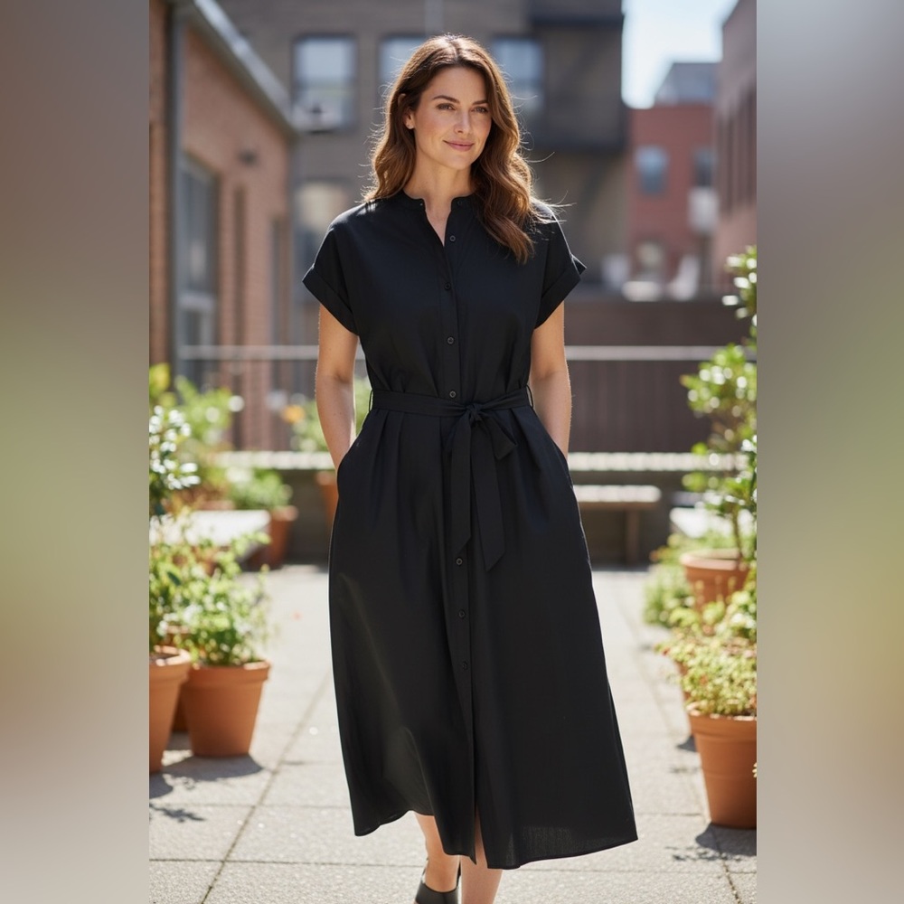 Deluc Black Belted Button Up Casual Midi Dress
